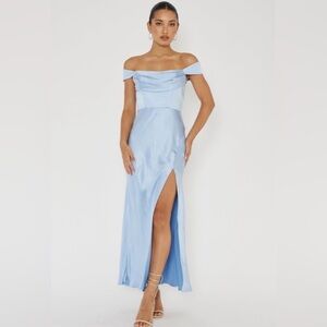 Saints & Secrets Light Baby Blue Satin Lucinda Off-Shoulder V-Back Dress XL 10